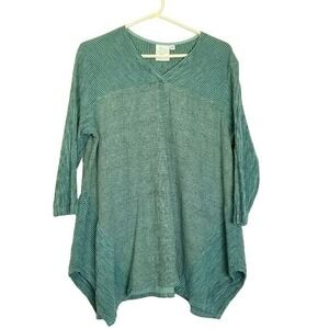Mill Valley Asymmetrical Tunic Green Striped linen Lagenlook Oversized Relaxed M